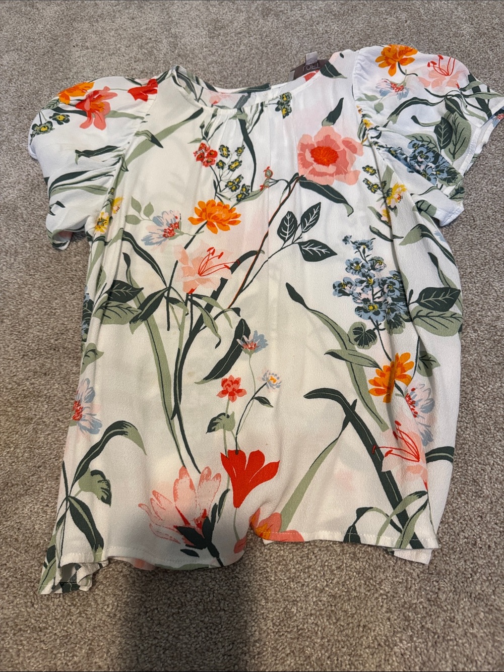 LOFT White Floral Short Sleeve Blouse with Coral, Orange & Green